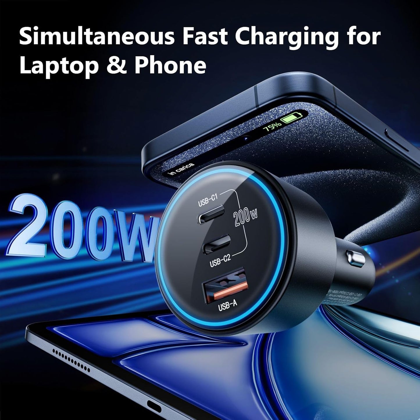[3 in 1] USB C Car Charger, 4-Port 90W Super Fast Charging Cigarette Lighter Adapter