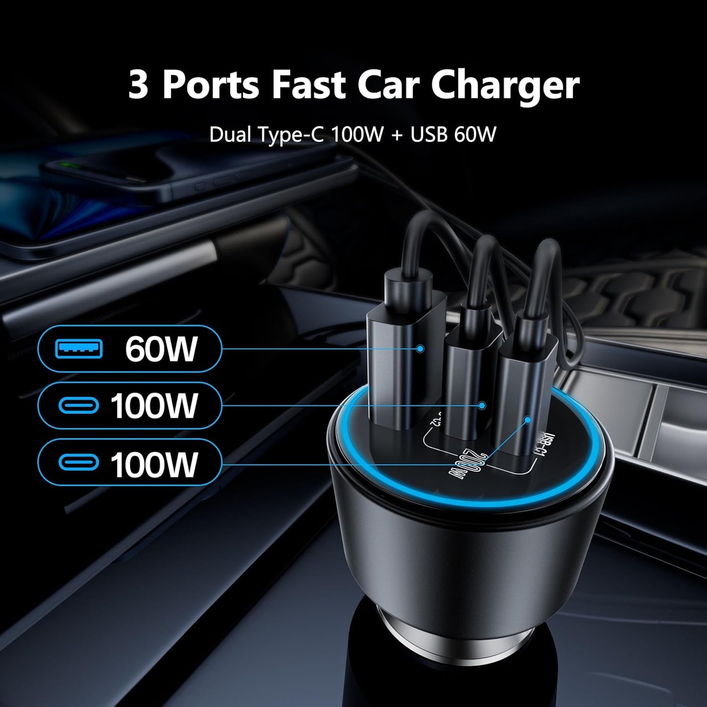 [3 in 1] USB C Car Charger, 4-Port 90W Super Fast Charging Cigarette Lighter Adapter